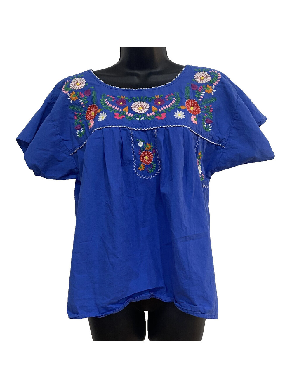 Unik Size L Floral Hippie Embroidered 100% Cotton Short Sleeve Blouse Boho Top